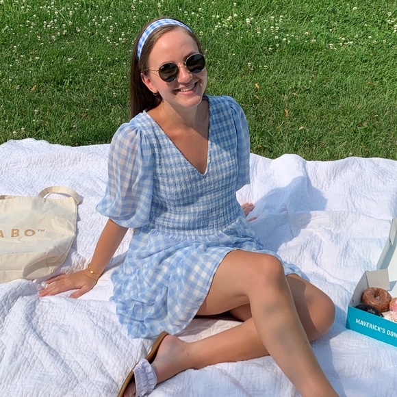 Blue & White Gingham Mini Dress - Picture 1 of 8